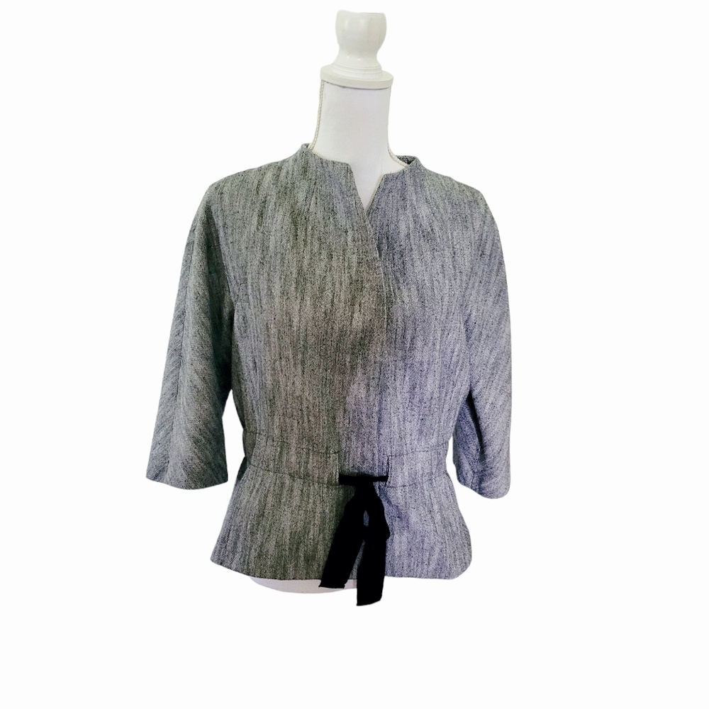 Talbots Gray and Black Tweed Wool Blend 3/4 Sleeve Blazer With Ribbon Belt